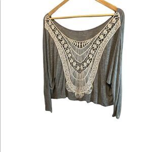 ROBIN K Grey Macramé Open Back Cropped Bat Sleeve Casual Cotton Top S